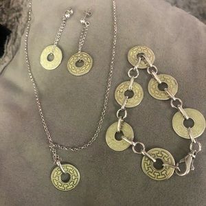 Sterling Silver And Green Greek Key Design Set